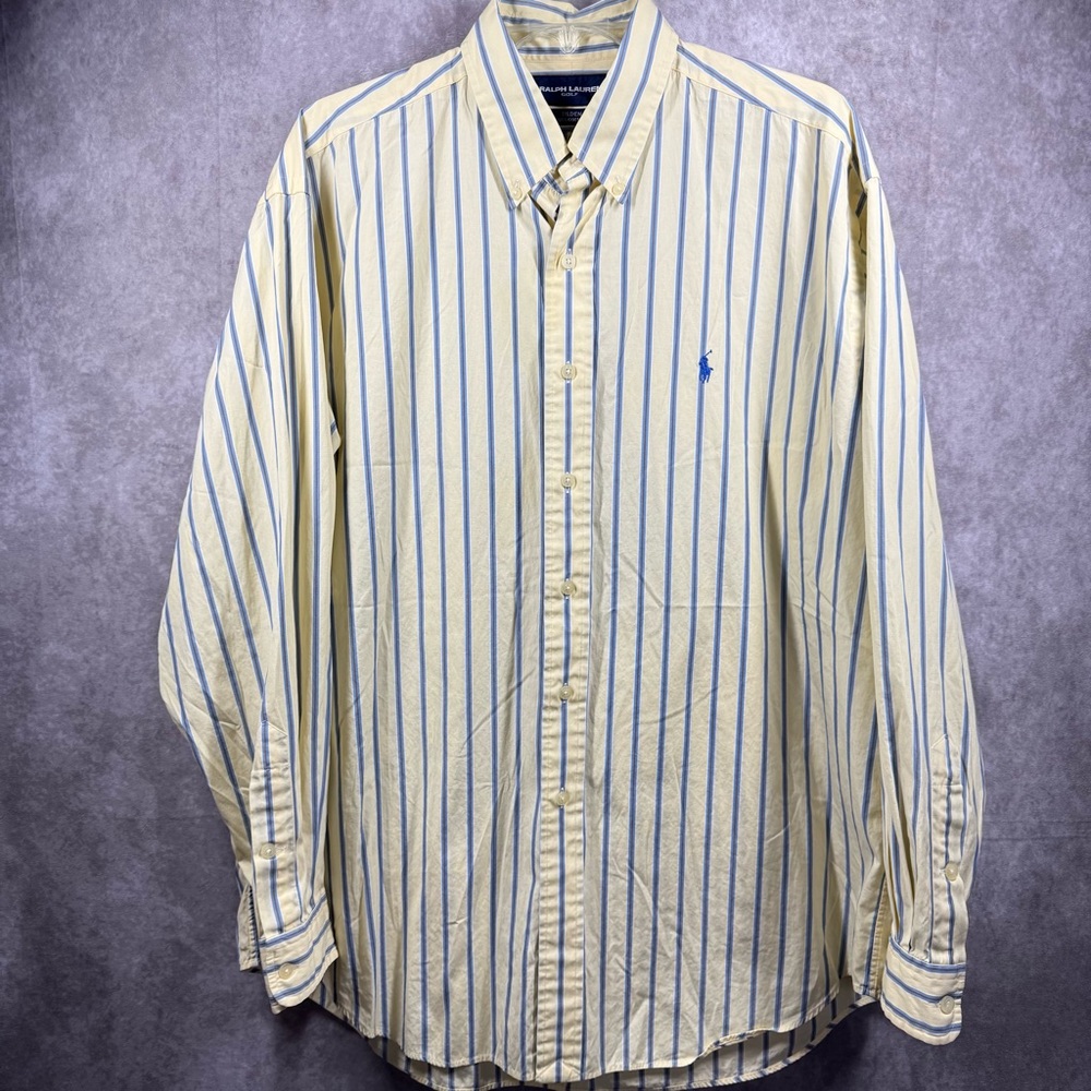 💲Sale - Ralph Lauren Golf Mens Large Yellow Blue Striped‎ LS Button Down Shirt